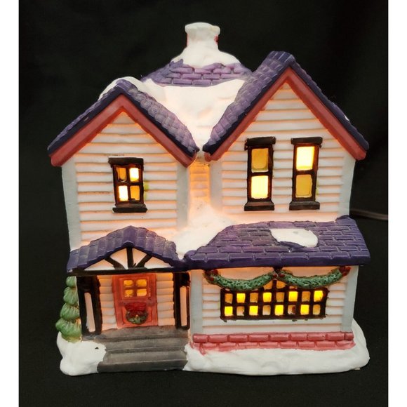 Trim A Home Holiday Memories BLUE HOUSE w/PURPLE ROOF Christmas Village building - Picture 2 of 6